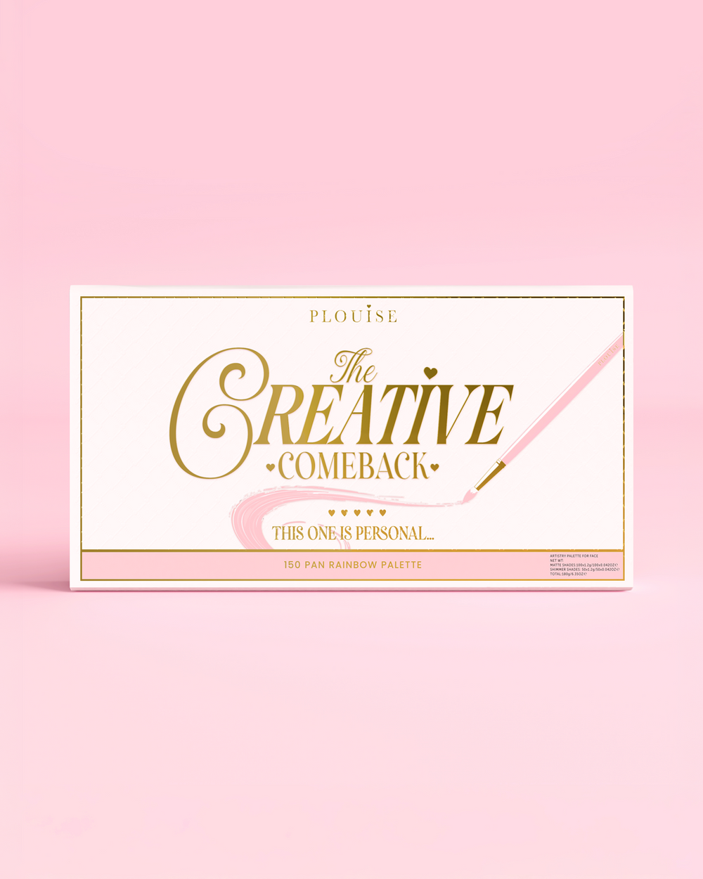 Die Vorderseite einer geschlossenen P.Louise Creative COMeback XXXL Rainbow Eyeshadow Palette mit goldener Typografie auf einem rosa Gehäuse vor einem rosa Hintergrund