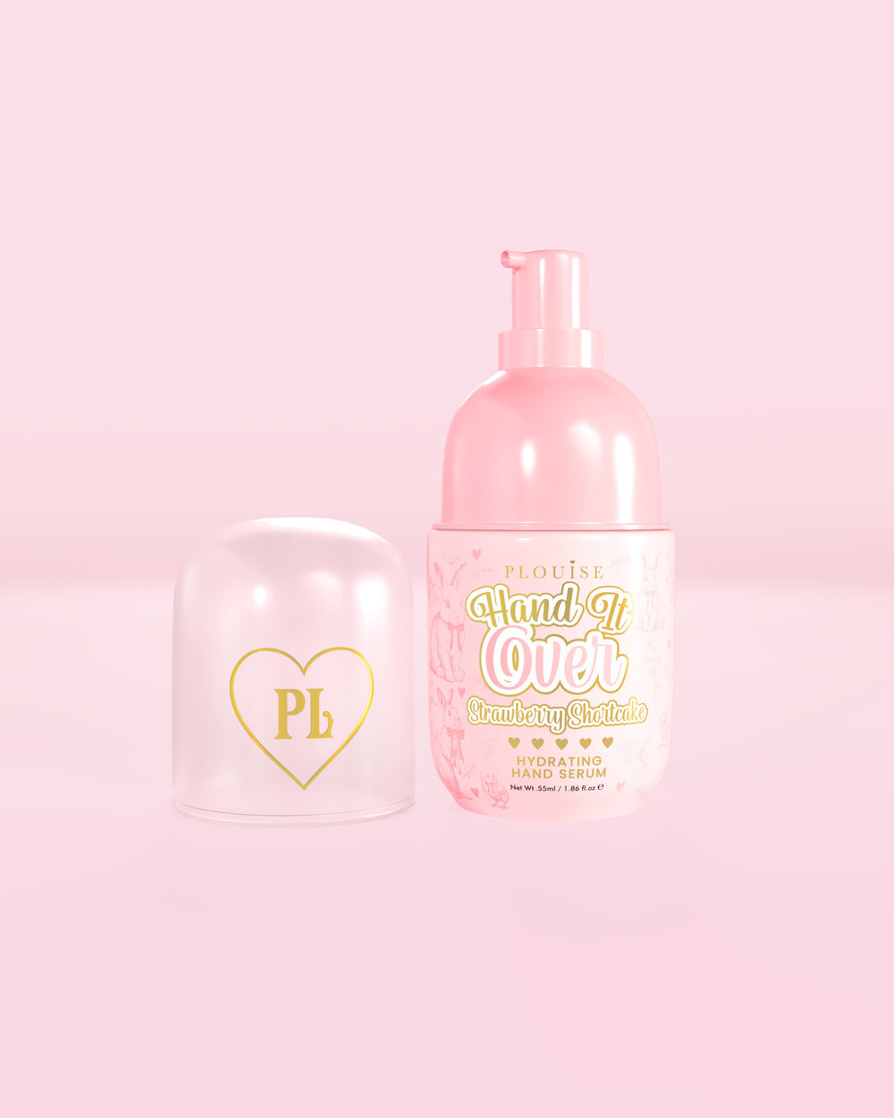 Pink bottle of P.Louise Hand It Over hydrating hand serum in strawberry shortcake scent