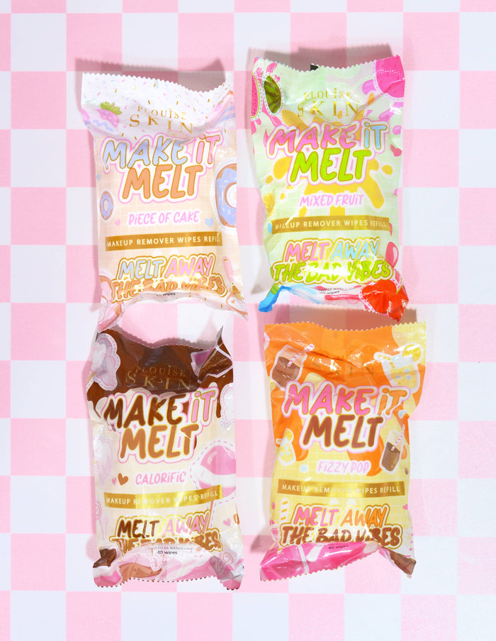 Eine Kollektion von P.Louise Make It Melt Make-up-Entferner-Tüchern in verschiedenen Düften, präsentiert in einem nachfüllbaren Behälter mit rosa kariertem Hintergrund.