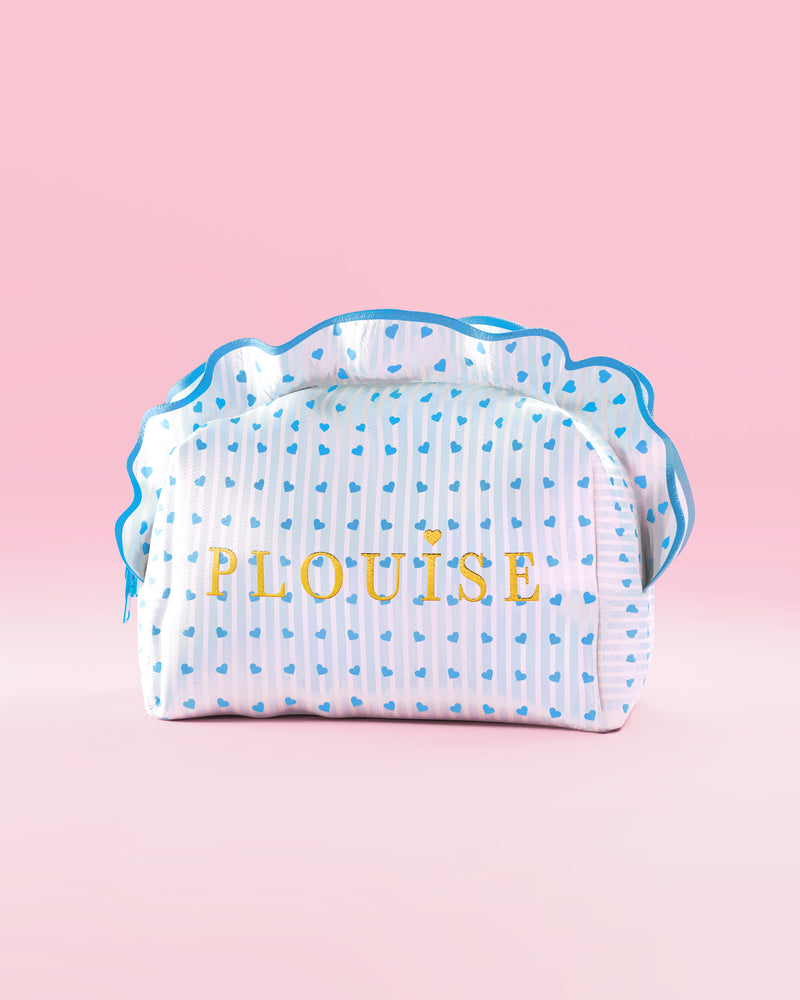 Blau-weiß gestreifte P.Louise Make-up- und Hautpflegetasche mit Rüschen und blauem Himbeer-Design
