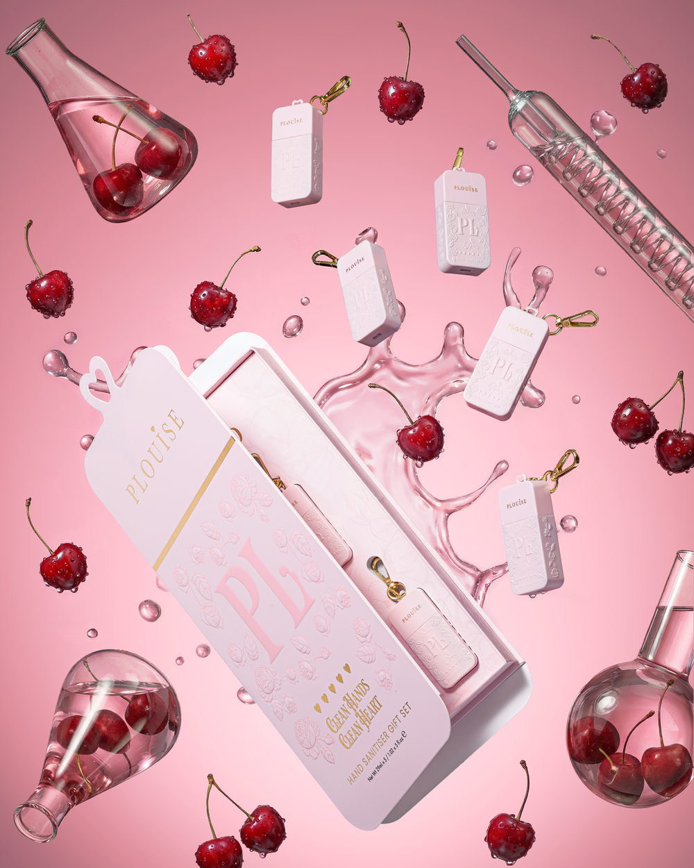 Riesiges rosa PR-Geschenkset mit 5 rosa P.Louise-Händedesinfektionssprays in verschiedenen Kirschdüften