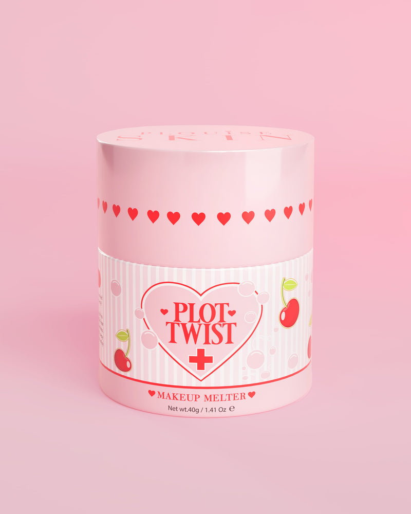 Ein rosa Behälter mit P.Louise Plot Twist Makeup Melting Cleansing Balm mit Herz- und Kirschmotiven auf dem Etikett vor einem rosa Hintergrund