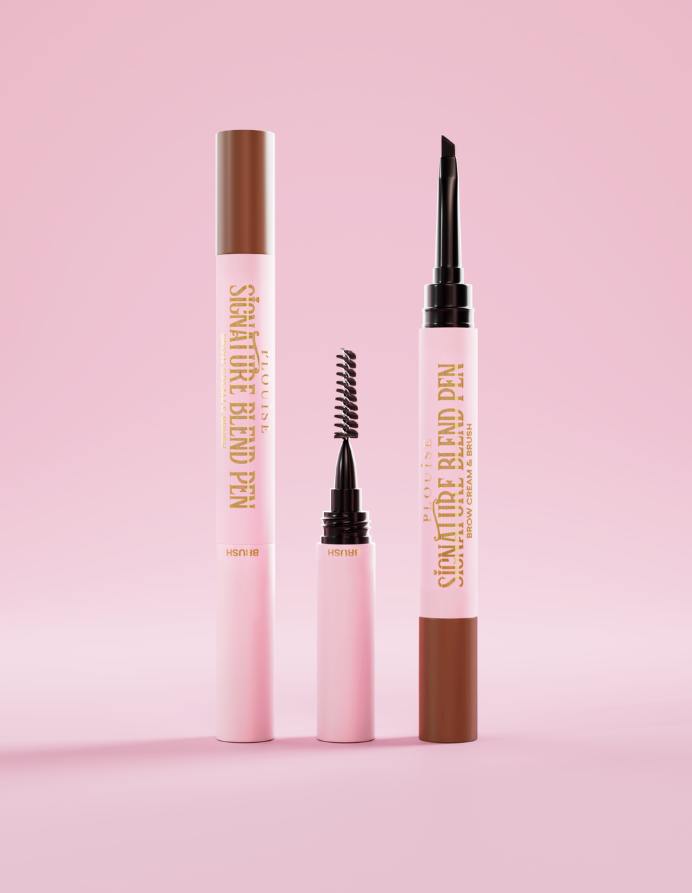 P.Louise Signature Blend Augenbrauenstift, mit Deckel an jedem Ende, der jeden Applikator am Ende vor einem rosa Hintergrund zeigt