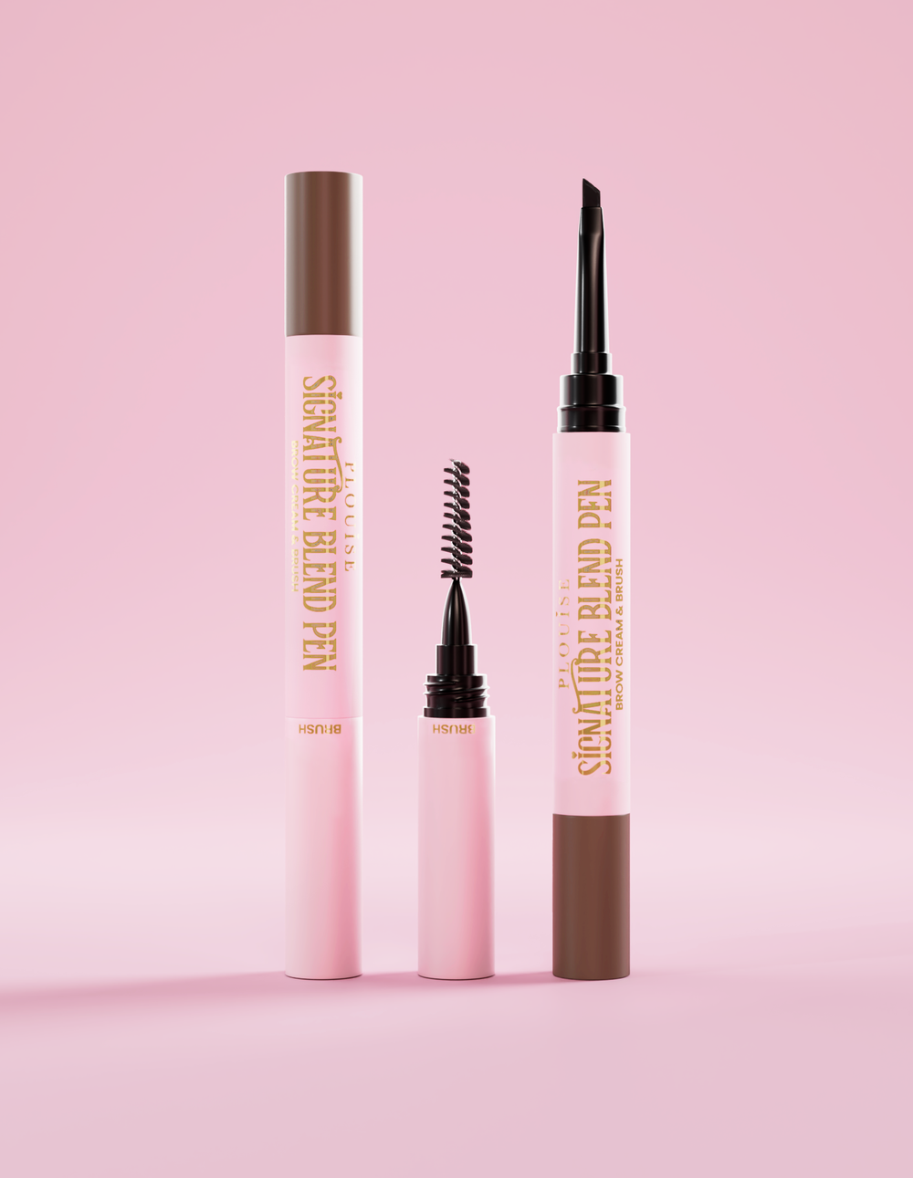 P.Louise Signature Blend Augenbrauenstift, mit Deckel an jedem Ende, der jeden Applikator am Ende vor einem rosa Hintergrund zeigt
