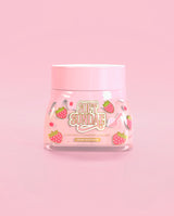Rosafarbenes Glas mit P. Louise Soft-Eisbecher-Feuchtigkeitscreme auf rosa Hintergrund