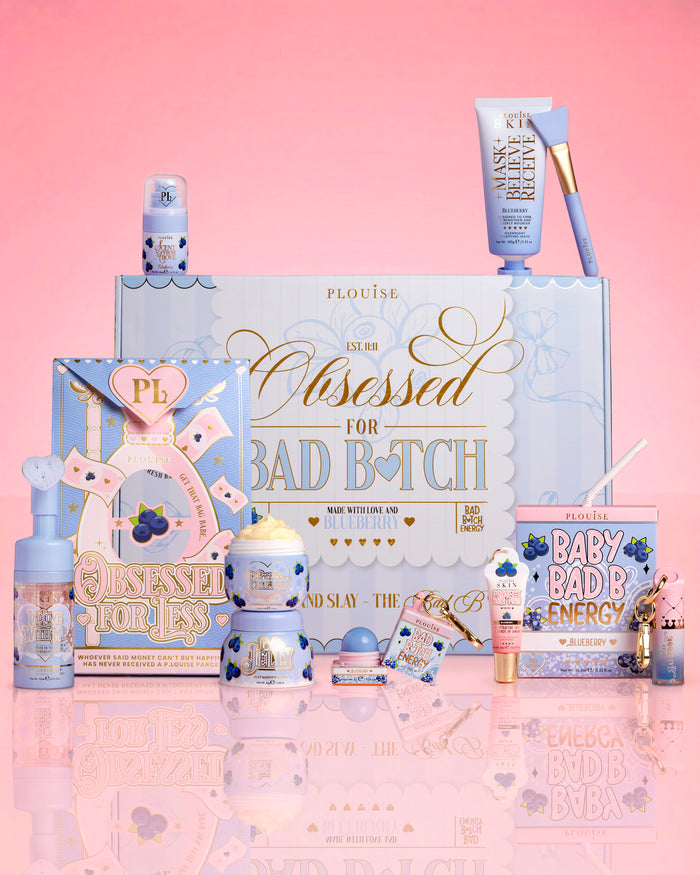 Produkte und Verpackung des P.Louise Obsessed For Bad Bitch Bundles vor rosa Hintergrund 