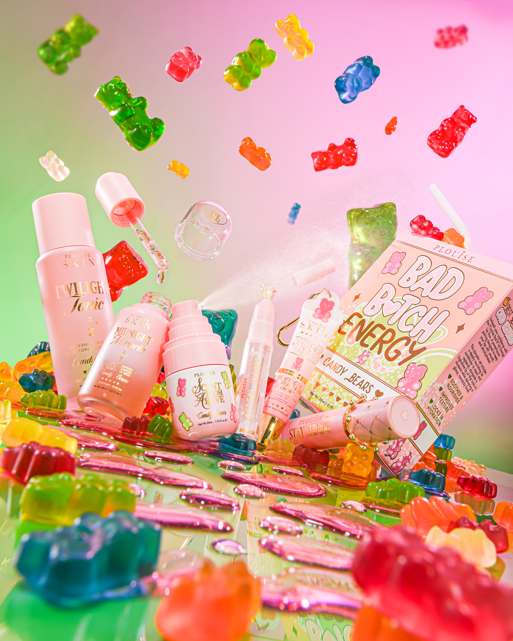 P.Louise What A Treat Candy Bear Hautpflegepaket, umgeben von Süßigkeitenbären