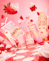 P.Louise What A Treat Strawberries And Cream Skincare Bundle umgeben von Erdbeeren