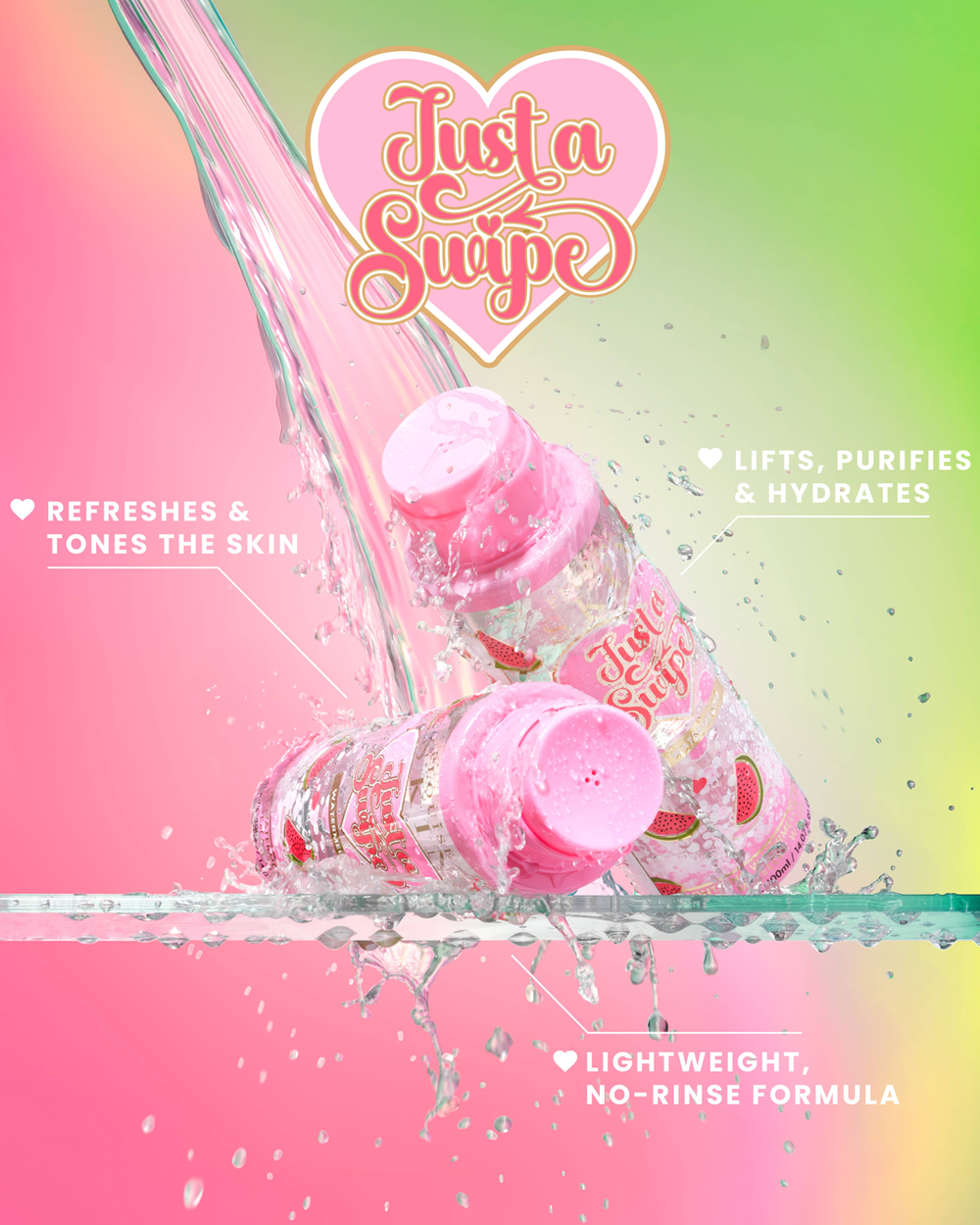 Flaschen mit Mizellenwasser „Just A Swipe“ von P. Louise mit Wassermelonenduft und Wasserspritzern auf rosa und grünem Hintergrund