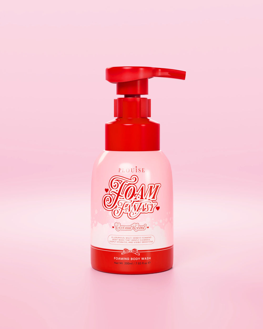 Rote und rosa Flasche P.Louise Foam Fantasy Duschgel auf rosa Hintergrund